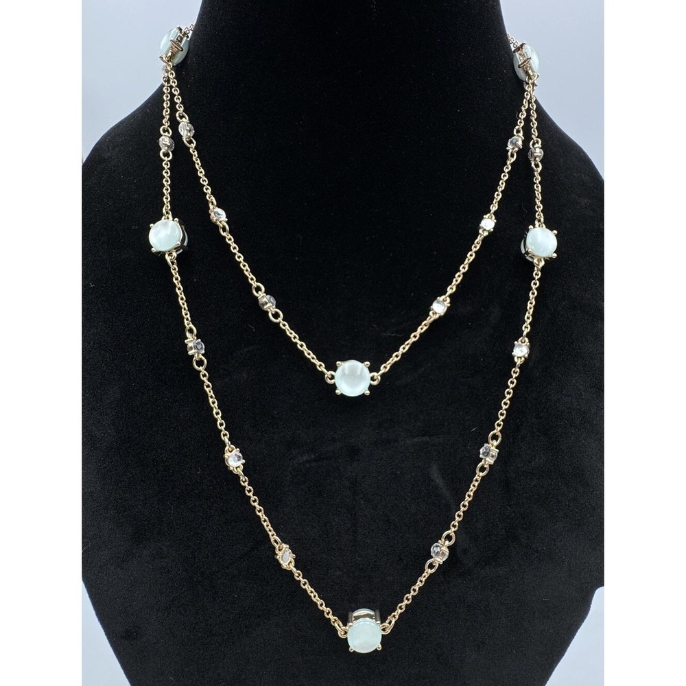 Long Gold Tone Fashion Necklace Seafoam Cabochon Rhinestone Stations 22 Jewelry